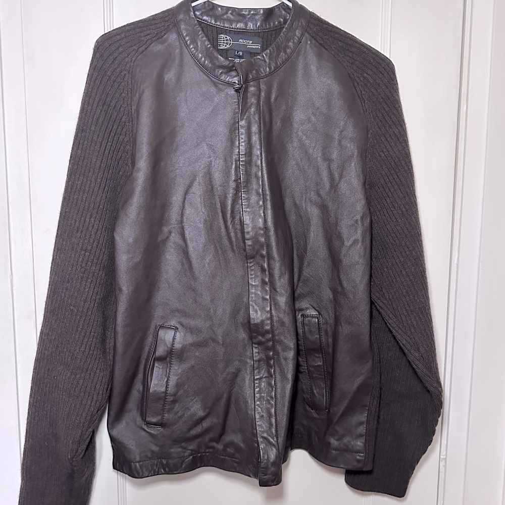 Roots Passport Brown Lamb Leather and Wool Sweater Jacket, Sz L, Unisex, Preppy